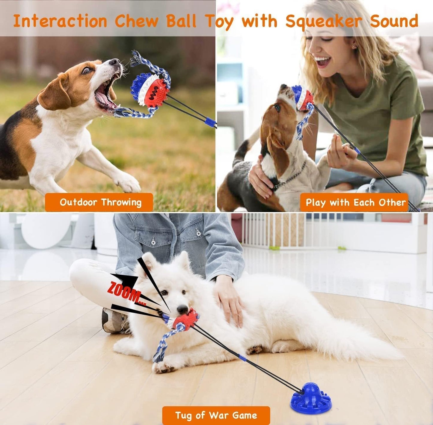 Suction Cup Dog Toy for Aggressive Chewers,Dog Rope Ball Interactive Tug of War Toy, Puppy Tug Toy Squeaky Ball Puzzle Toys for Teeth Cleaning Toys for Small Medium Large Dog