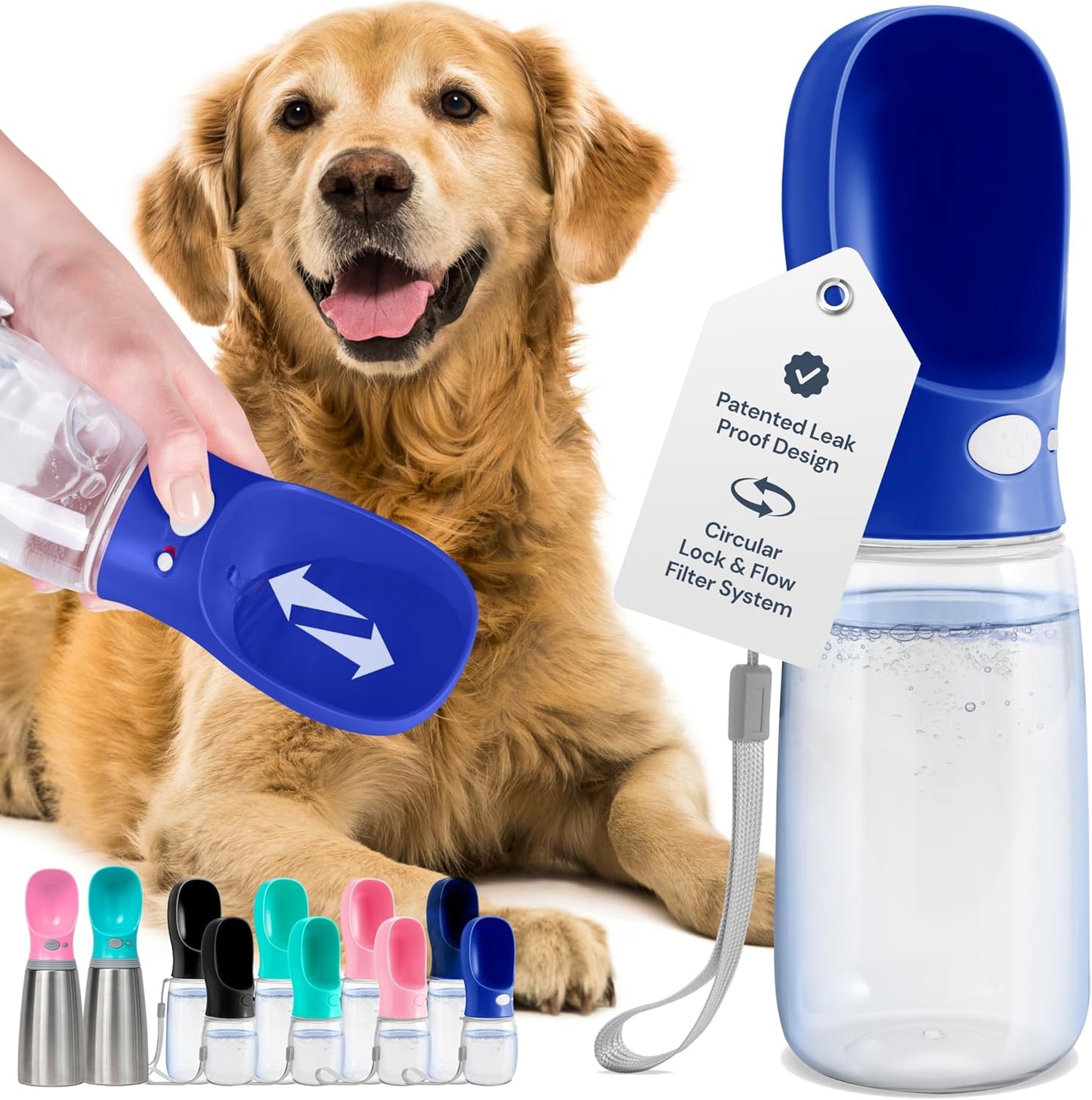 Dog Water Bottle Dispenser - 12 Oz Blue - Leak-Proof Lock & One-Hand Operation - Dog Water Bowl Dispenser - Pet Travel Bottle with Built-In Bowl
