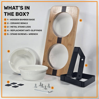 Elevated Cat Bowl Stand for Food and Water – Anti-Vomit Raised Feeding Station with Tilted Stand – Removable round Ceramic Bowls, anti Slip Bamboo Base, Dishes for Cats, Kitten, Small Dogs & Puppies