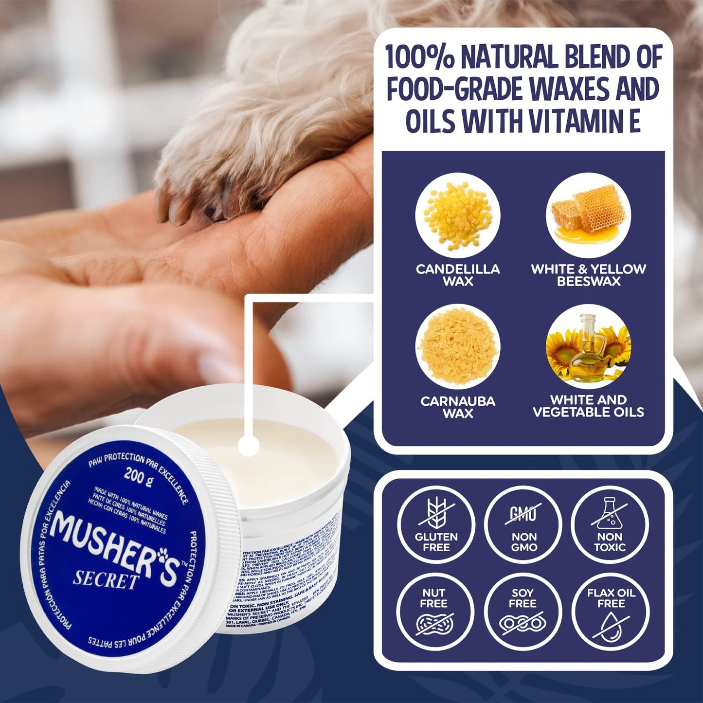 Dog Paw Wax 200 G (7Oz) - Moisturizing Dog Paw Balm That Creates an Invisible Barrier That Protects and Heals Dry Cracked Paws - All-Natural with Vitamin E and Food-Grade Ingredients