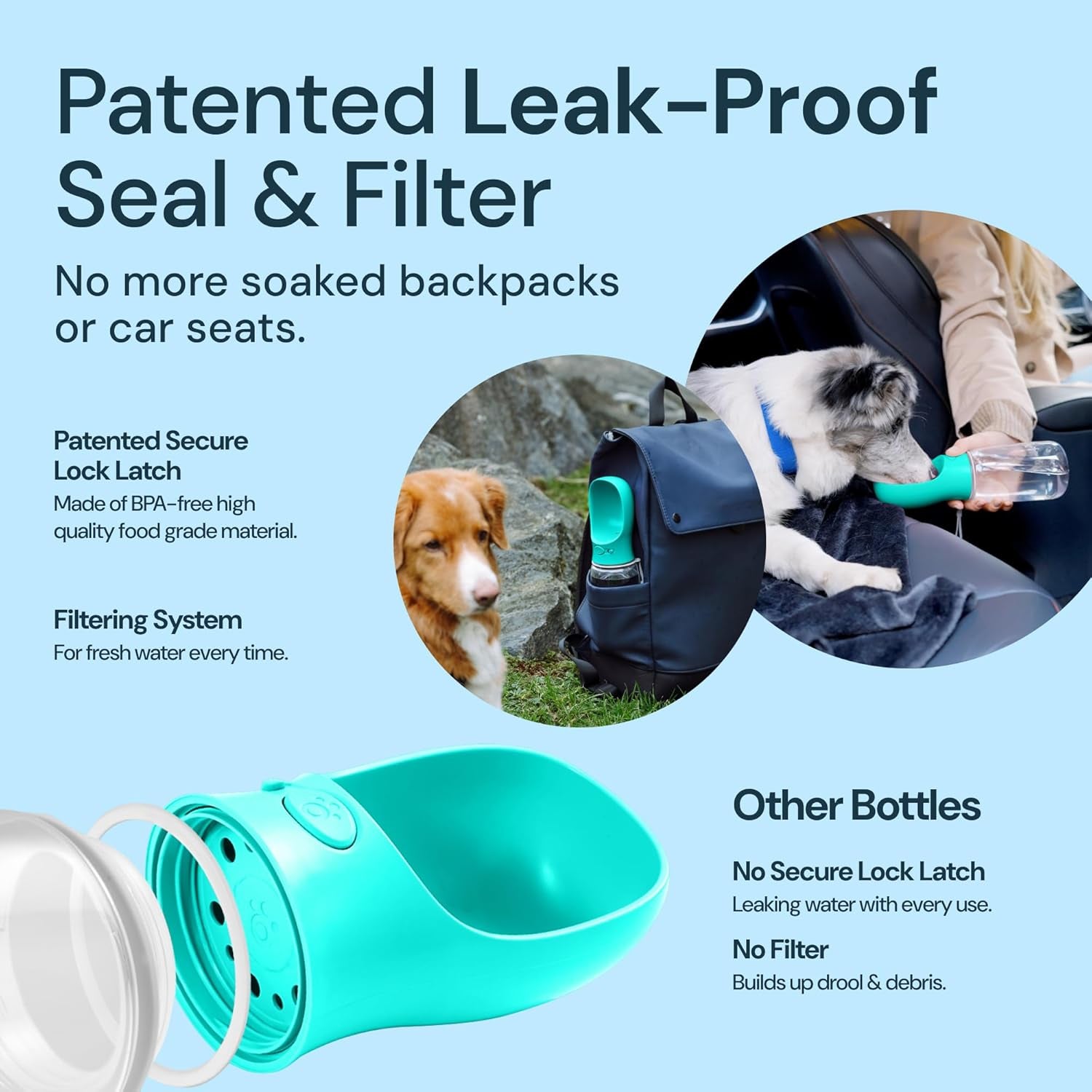 Dog Water Bottle Dispenser - 12 Oz Blue - Leak-Proof Lock & One-Hand Operation - Dog Water Bowl Dispenser - Pet Travel Bottle with Built-In Bowl