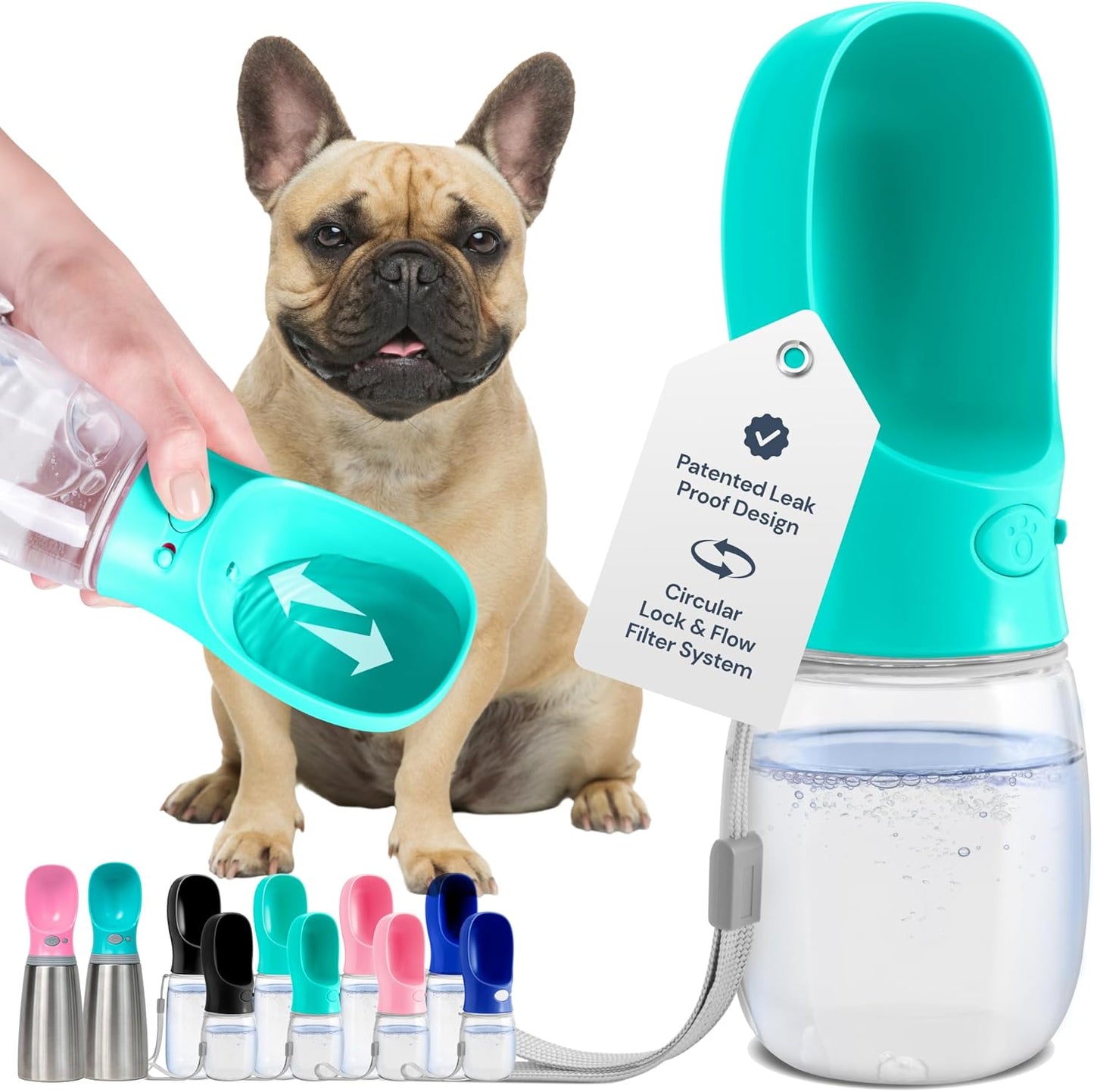 Dog Water Bottle Dispenser - 12 Oz Blue - Leak-Proof Lock & One-Hand Operation - Dog Water Bowl Dispenser - Pet Travel Bottle with Built-In Bowl