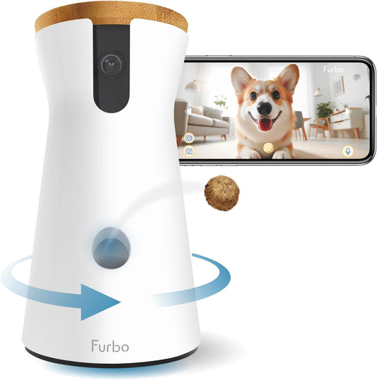 360° Dog Camera: Pet Security Cam W/Barking Alerts, Rotating View, Treat Toss W/Phone App, Smart Home Puppy Monitoring, 2-Way Speaker, No Subscription Needed. Standard See, Talk, & Toss Features