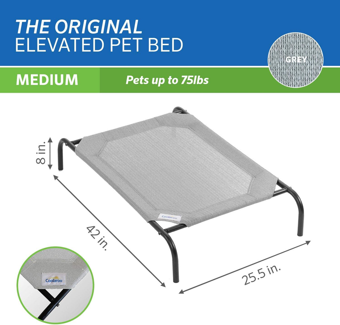 Original Elevated Dog Bed - Breathable Off-The-Ground Pet Bed with Cooling Fabric, Joint Relief & Moisture-Resistant Fabric, 100% Recyclable, Easy Clean, Grey, Medium