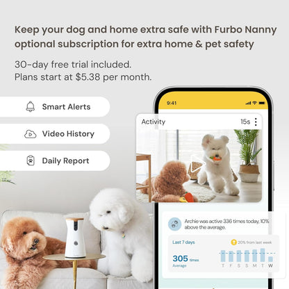 360° Dog Camera: Pet Security Cam W/Barking Alerts, Rotating View, Treat Toss W/Phone App, Smart Home Puppy Monitoring, 2-Way Speaker, No Subscription Needed. Standard See, Talk, & Toss Features