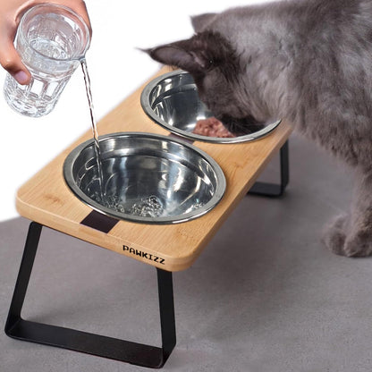 Elevated Cat Bowl Stand for Food and Water – Anti-Vomit Raised Feeding Station with Tilted Stand – Removable round Ceramic Bowls, anti Slip Bamboo Base, Dishes for Cats, Kitten, Small Dogs & Puppies