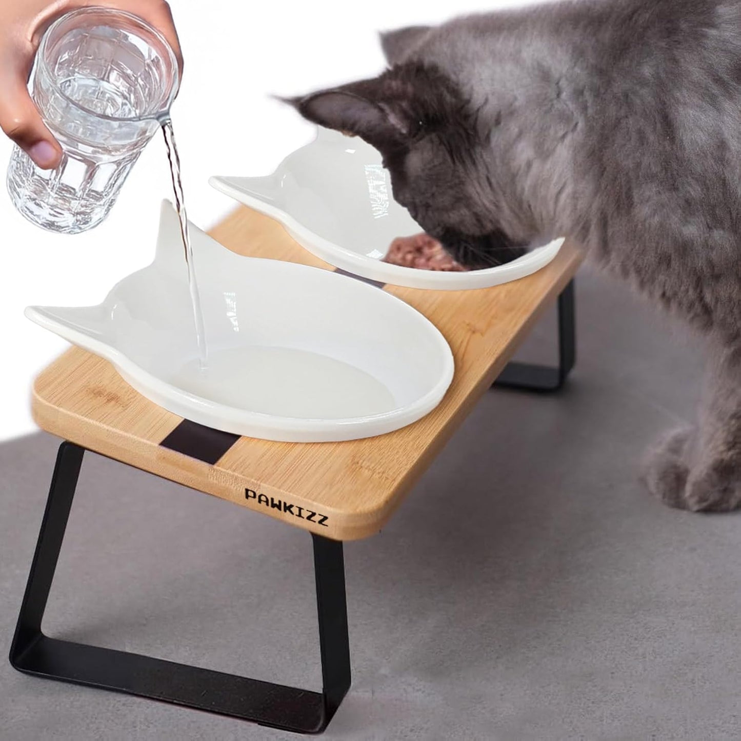Elevated Cat Bowl Stand for Food and Water – Anti-Vomit Raised Feeding Station with Tilted Stand – Removable round Ceramic Bowls, anti Slip Bamboo Base, Dishes for Cats, Kitten, Small Dogs & Puppies