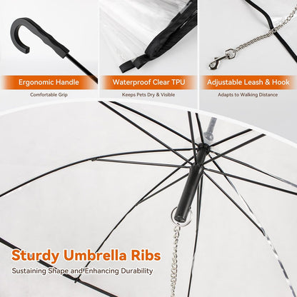 Small Dog Umbrella, 29" Width Clear Dogs Umbrella Waterproof Dog Raincoat with Leash for Outdoor Walking Rainy Days