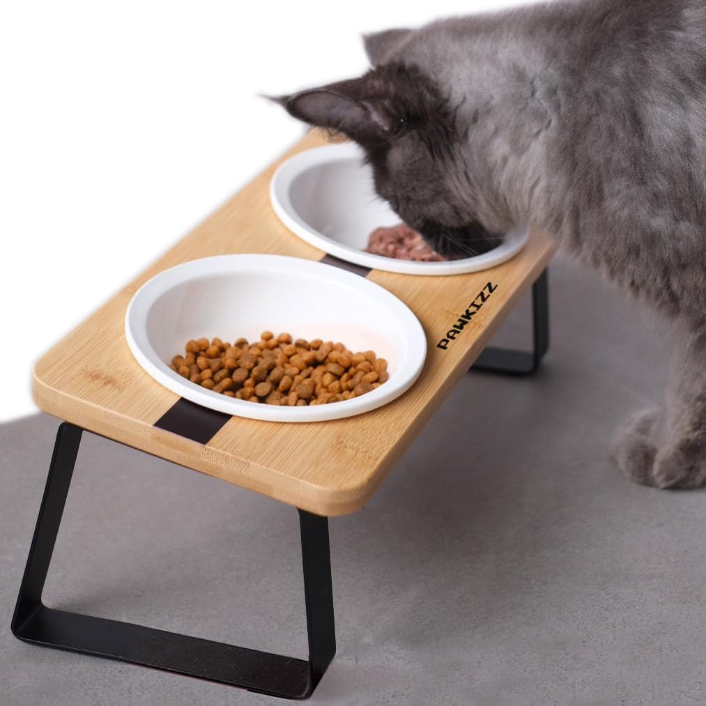 Elevated Cat Bowl Stand for Food and Water – Anti-Vomit Raised Feeding Station with Tilted Stand – Removable round Ceramic Bowls, anti Slip Bamboo Base, Dishes for Cats, Kitten, Small Dogs & Puppies