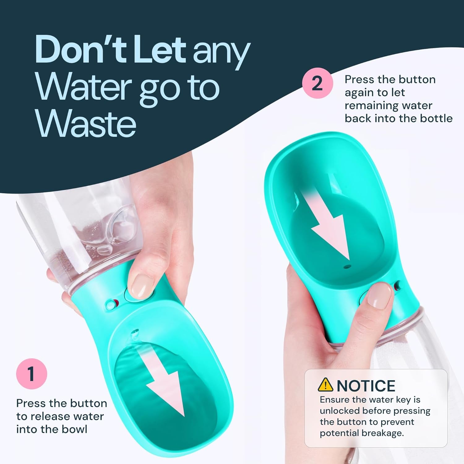 Dog Water Bottle Dispenser - 12 Oz Blue - Leak-Proof Lock & One-Hand Operation - Dog Water Bowl Dispenser - Pet Travel Bottle with Built-In Bowl