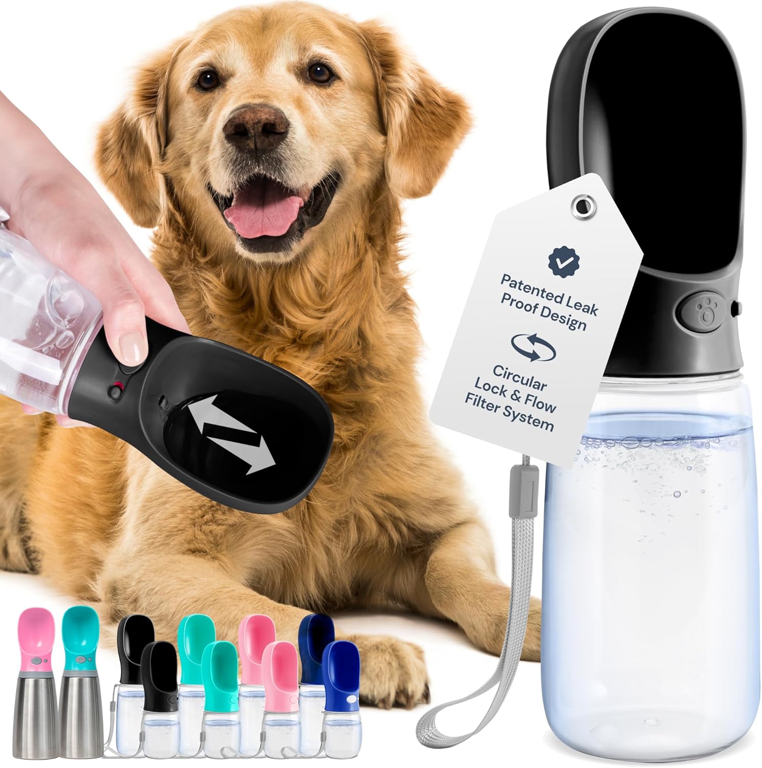 Dog Water Bottle Dispenser - 12 Oz Blue - Leak-Proof Lock & One-Hand Operation - Dog Water Bowl Dispenser - Pet Travel Bottle with Built-In Bowl