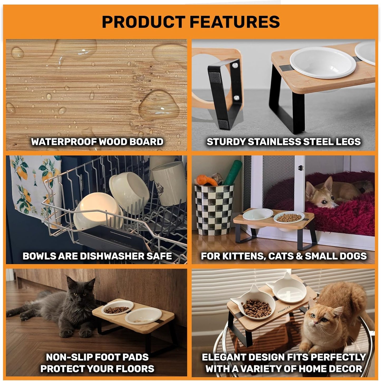 Elevated Cat Bowl Stand for Food and Water – Anti-Vomit Raised Feeding Station with Tilted Stand – Removable round Ceramic Bowls, anti Slip Bamboo Base, Dishes for Cats, Kitten, Small Dogs & Puppies