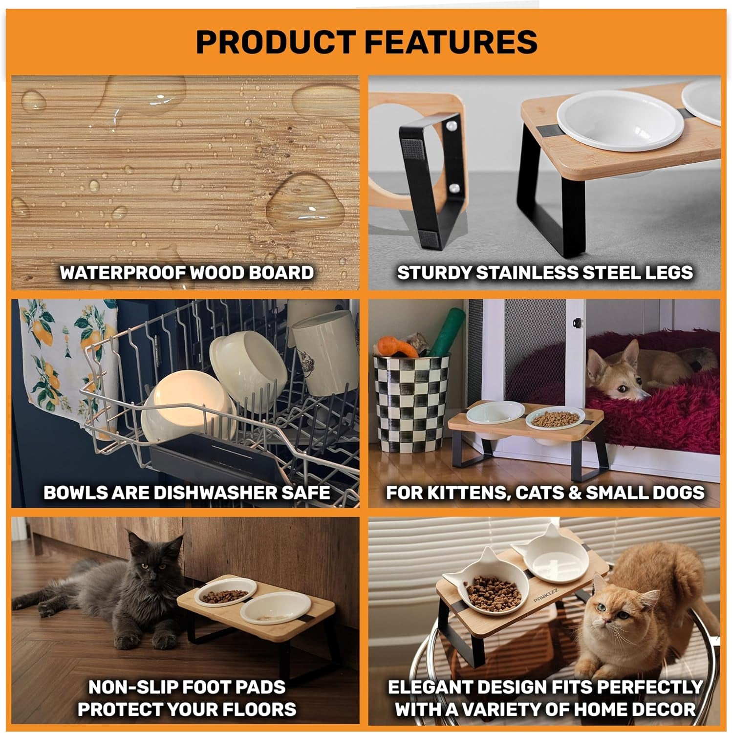 Elevated Cat Bowl Stand for Food and Water – Anti-Vomit Raised Feeding Station with Tilted Stand – Removable round Ceramic Bowls, anti Slip Bamboo Base, Dishes for Cats, Kitten, Small Dogs & Puppies