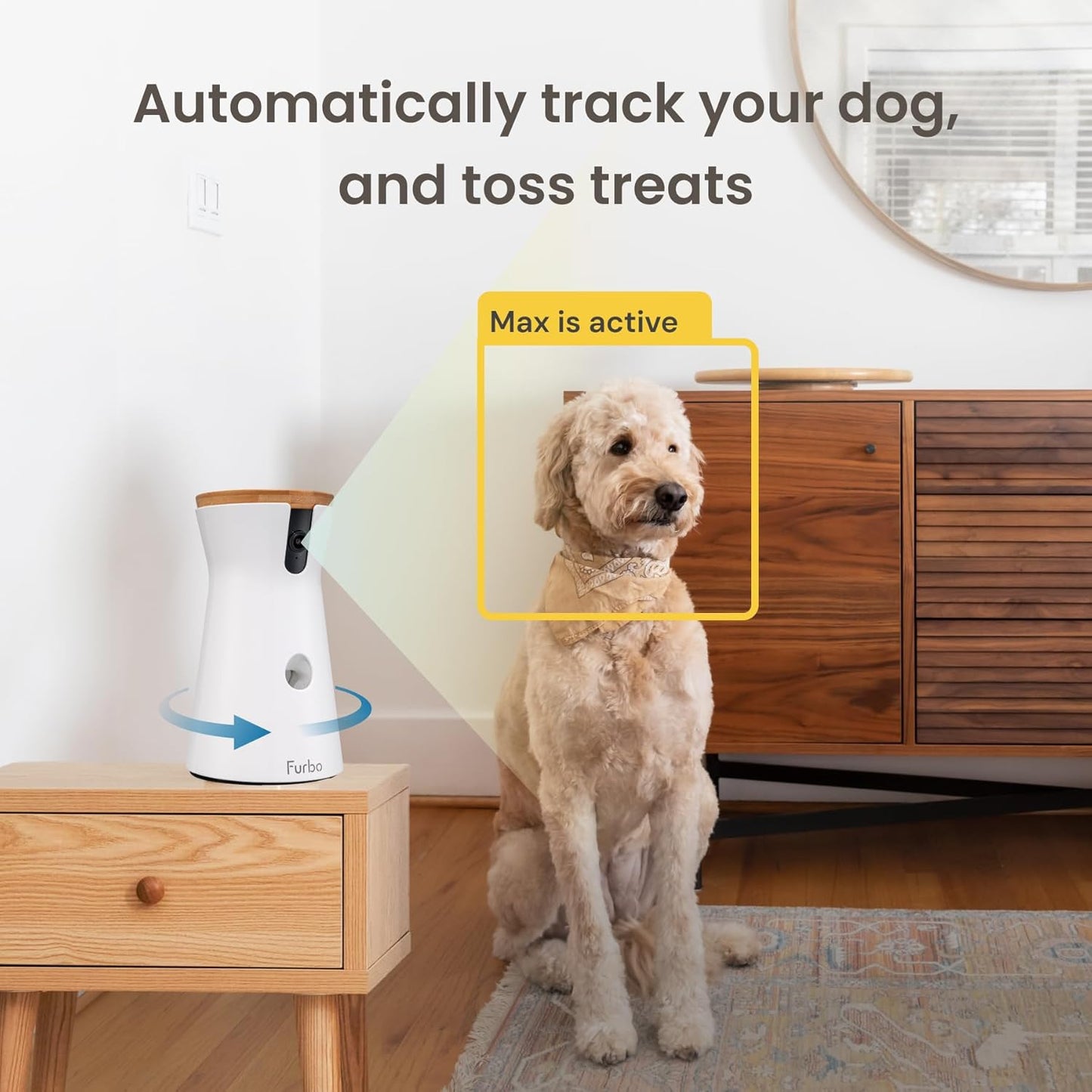 360° Dog Camera: Pet Security Cam W/Barking Alerts, Rotating View, Treat Toss W/Phone App, Smart Home Puppy Monitoring, 2-Way Speaker, No Subscription Needed. Standard See, Talk, & Toss Features