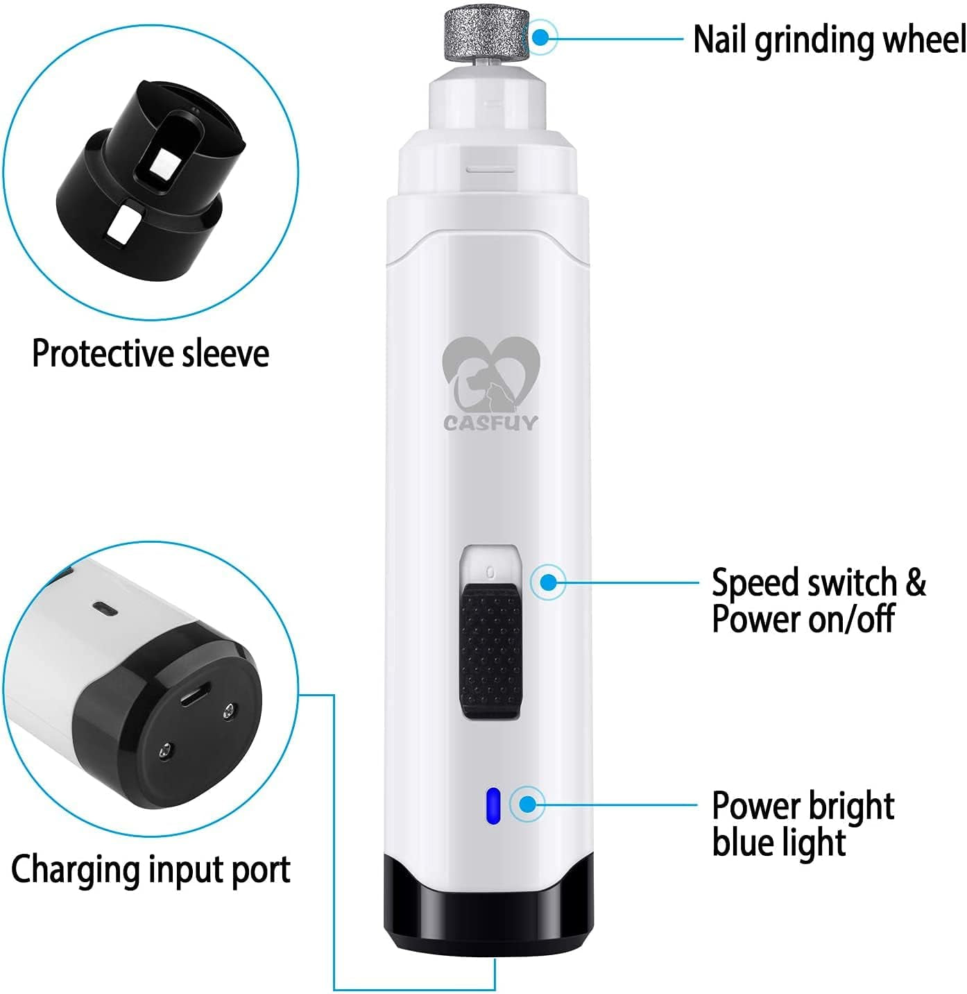 Dog Nail Grinder Upgraded - Professional 2-Speed Electric Rechargeable Pet Nail Trimmer Painless Paws Grooming & Smoothing for Small Medium Large Dogs & Cats (White)