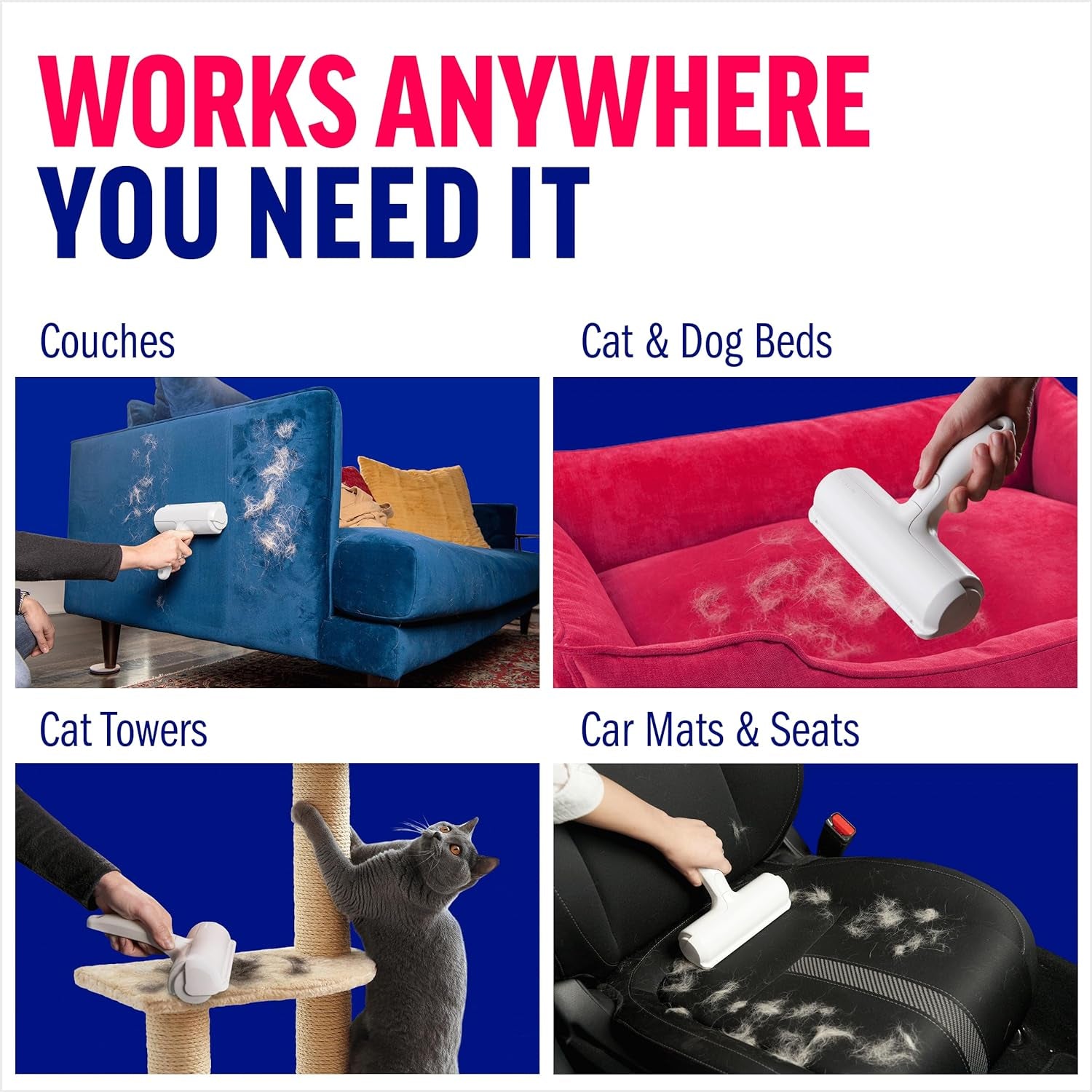 Pet Hair Remover and Reusable Lint Roller - Cat and Dog Hair Remover for Furniture, Couch, Carpet, Clothing and Bedding - Portable, Multi-Surface Fur Removal Tool (White)